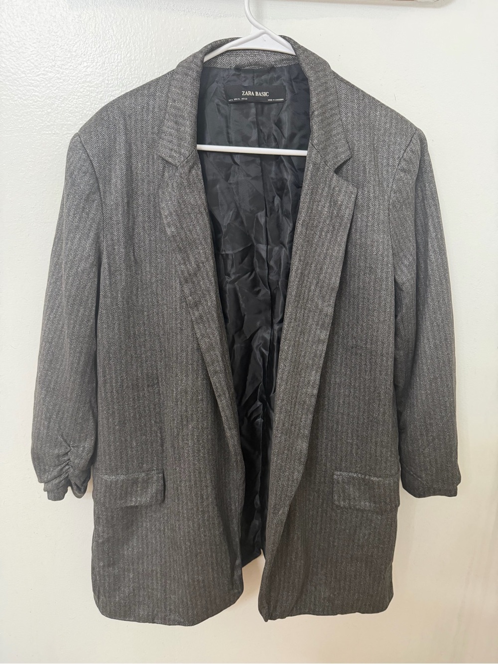 Zara Basic Grey Herringbone Blazer with Ruched 3/4 Sleeves